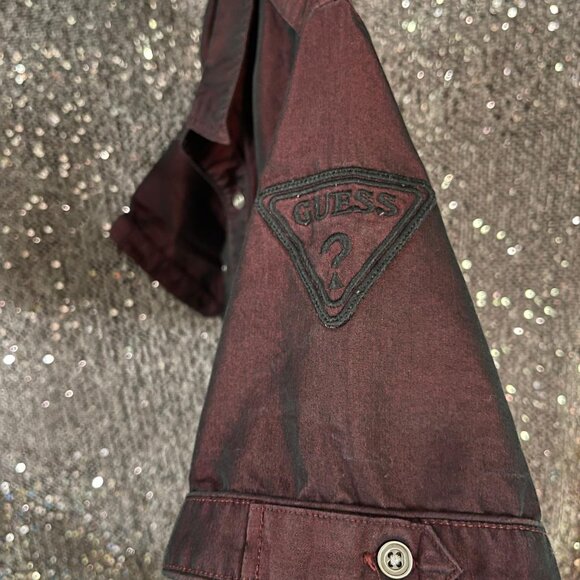 Guess Burgundy Button-up Mens M Fitted Short Sleeve Shirt - Picture 2 of 7